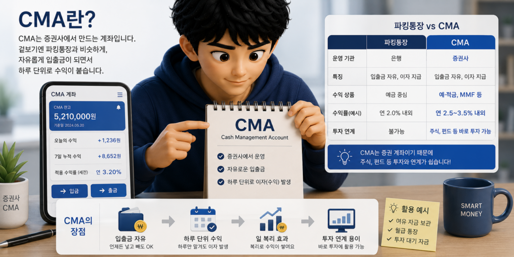 증권사에서 만들어 하루 단위 수익이 붙는 CMA와 파킹통장을 운영기관·수익률로 비교한 도표