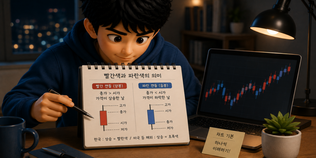 시가보다 오르면 빨간 양봉, 내리면 파란 음봉이 되는 캔들 색의 의미를 비교한 도표