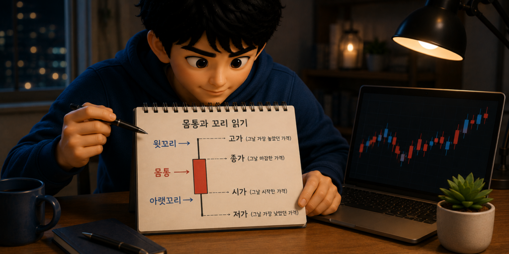 캔들 몸통 길이는 시가·종가 차이, 꼬리 길이는 반대 세력의 저항을 뜻함을 보여주는 도표