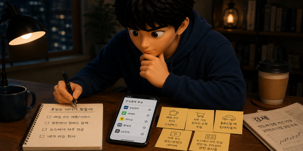 관심종목 후보를 매일 쓰는 제품·업계 회사·뉴스 언급 등 일상에서 찾는 방법을 정리한 도표