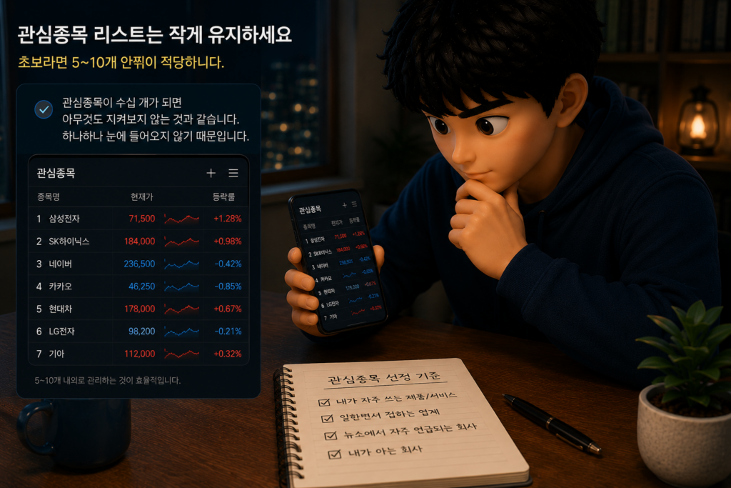 관심종목은 초보라면 5~10개 안팎으로 작게 유지하고 주기적으로 정리하는 원칙을 보여주는 이미지