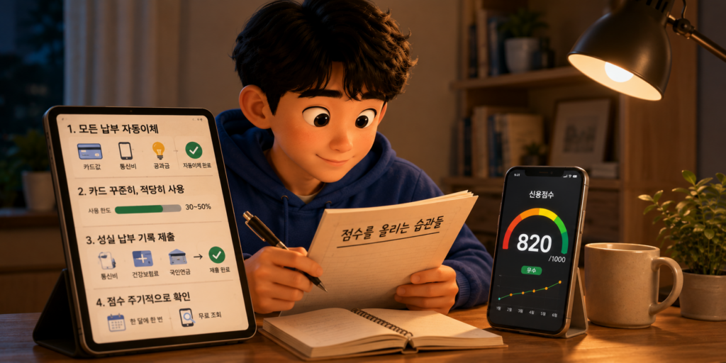 신용점수 올리는 습관인 자동이체·카드 적당히 사용·성실 납부 기록 제출·주기적 점수 확인을 정리한 도표
