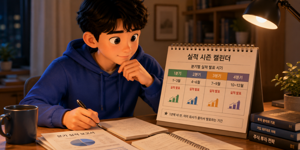 상장 회사가 분기마다 성적표를 공개하는 실적 발표와 1년 네 번의 실적 시즌을 보여주는 이미지