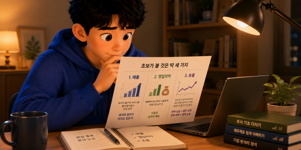 초보가 실적에서 볼 세 가지인 매출·영업이익·전년 대비 흐름을 정리한 도표