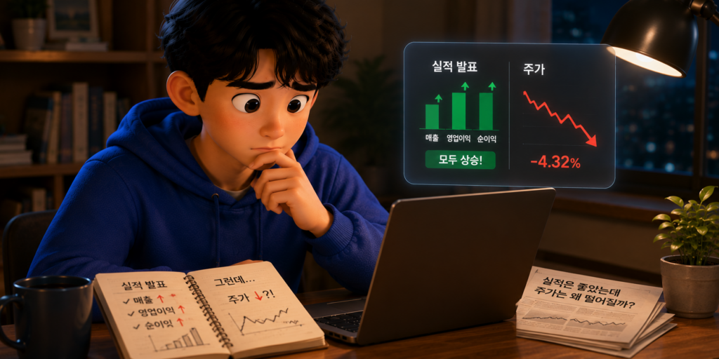 실적이 좋아도 시장 기대치에 못 미치면 주가가 떨어지는 이유를 보여주는 이미지