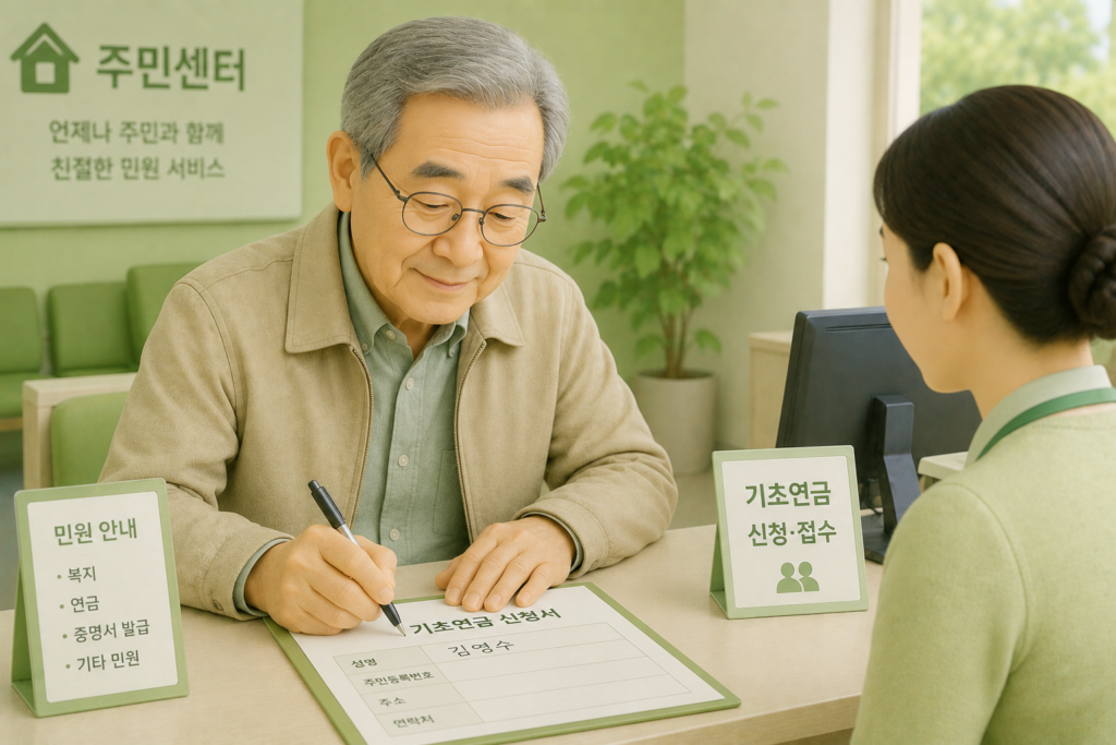 기초연금 신청 서류를 주민센터 창구에서 접수하는 모습