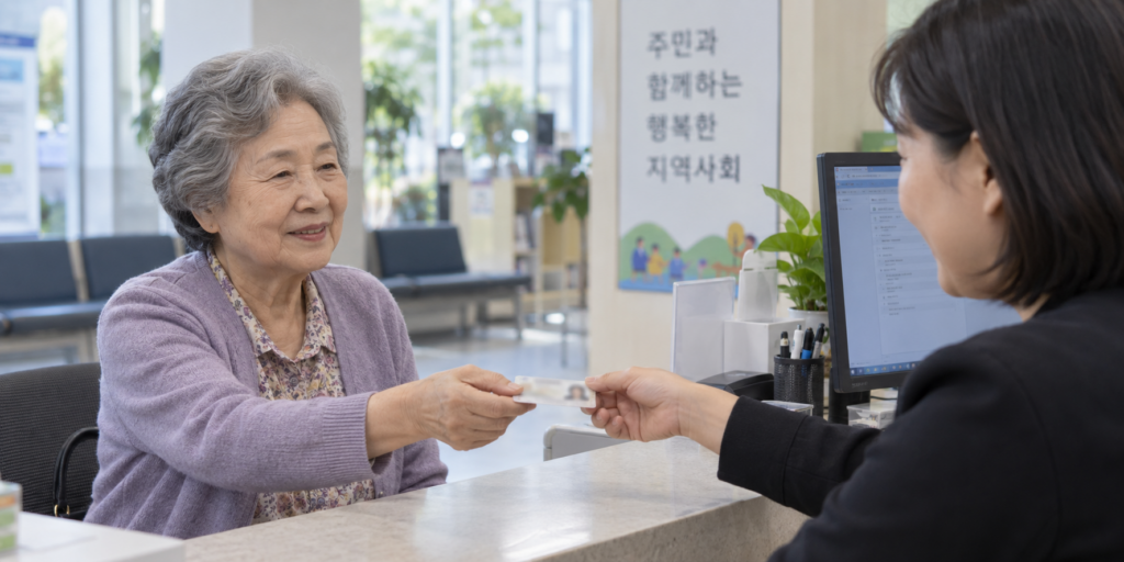 주민센터 창구에서 선불카드를 받는 모습