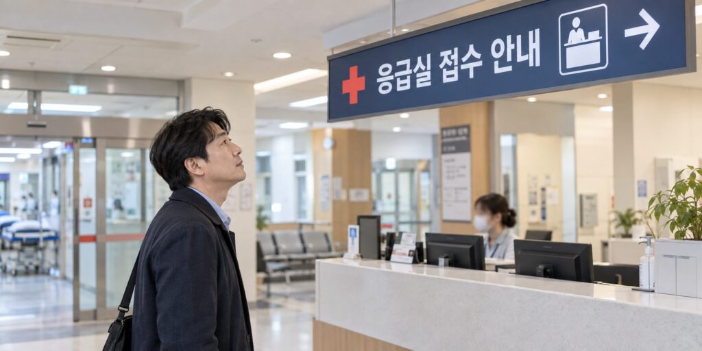 응급실 접수 창구에서 중증도 분류를 기다리는 모습