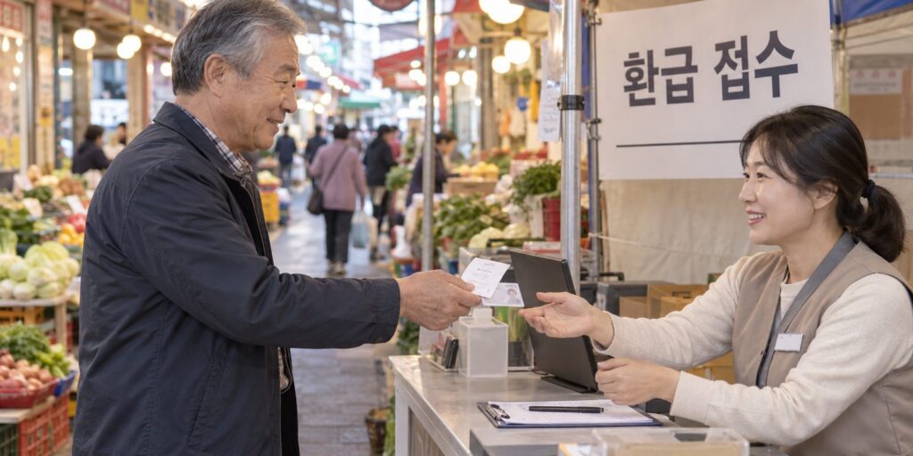 전통시장 환급 부스에서 영수증을 내는 모습